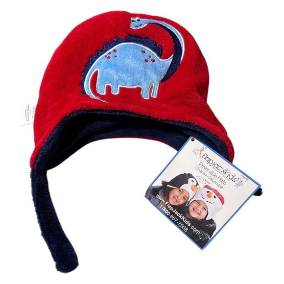 Flap Jack Kids Hat Baby / Toddler Reversible Winter With Dinosaurs Red Blue - Picture 8 of 10